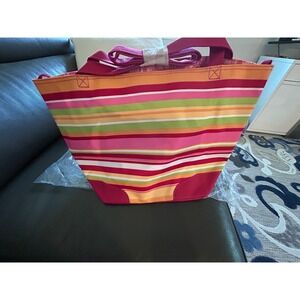 Lancome Paris Striped Canvas Tote Bag Pink Orange Green Summer Beach Bag New